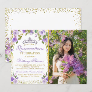 Convites Foto de Quinceanera Dourada com Peça Floral Púrpur