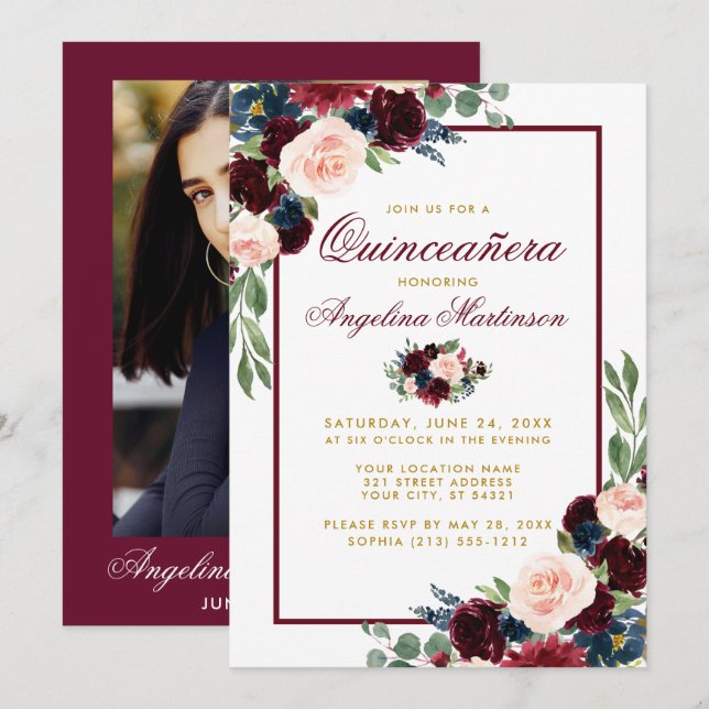 Convites Foto de Quinceanera Dourada Floral Azul Burgundy (Frente/Verso)