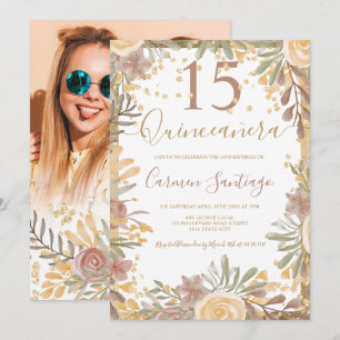 Convites Foto de Quinceanera em aquarela floral marrom dour