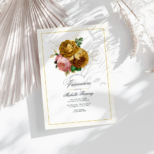 Convites Foto de Quinceañera Floral Elegante Dourada e Esma