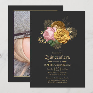Convites Foto de Quinceañera Floral Rosa e Dourada Vintage