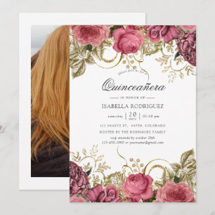 Convites Foto de Quinceañera Floral Vintage Rosa e Dourada