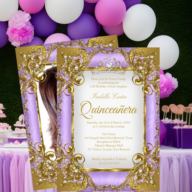 Convites Foto de Quinceanera Ouro branco roxo Pearl Tiara (Criador carregado)