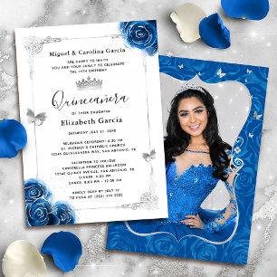 Convites Foto de Quinceanera Real Azul de Prata Floral Eleg