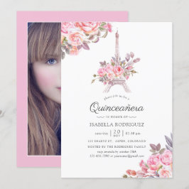 Convites Foto de Quinze Anos Floral Rosa em Aquarela Paris