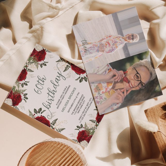 Convites Foto de Rosa vermelha Floral do Script Elegante 60 (Criador carregado)