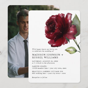 Convites Foto de Rosa Vermelha Profunda em Aquarela Minimal