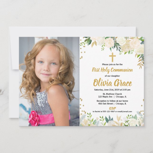 Convites Foto de rosas de ouro branco Primeira Comunhão (Frente)