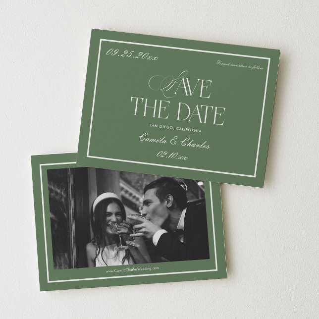 Convites Foto de Salvar a Data de Casamento em Verde Sage R (Criador carregado)