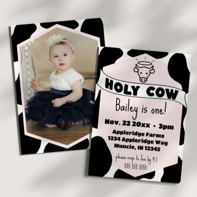 Convites Foto de Santa Vaca, Criança de Impressão de Vaca,  (Holy cow cute kid's birthday party invitation pink cow print modern bday invite )