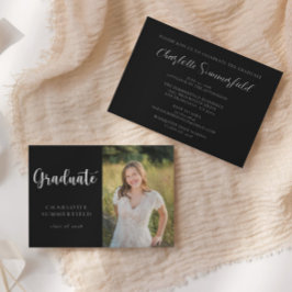 Convites Foto de Script Casual Preto e Branco | Graduação