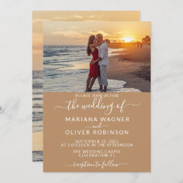 Convites Foto de Script Elegante Boho Tan Beige Wedding