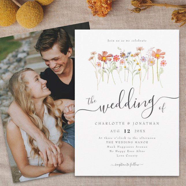 Convites Foto de Script Elegante de Meadow Boho (Wildflower meadow boho floral photo Wedding invitation elegant script watercolor fall colors)