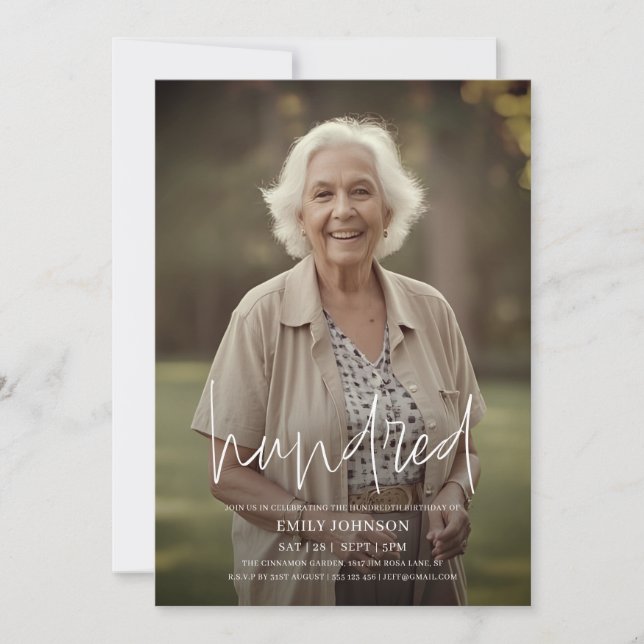 Convites Foto de Script Moderno - Mínimo 100º Aniversário (Frente)
