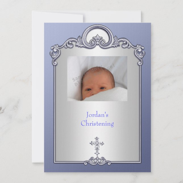 Convites Foto de Silver Azul Frame Jewel Cross Christening (Frente)