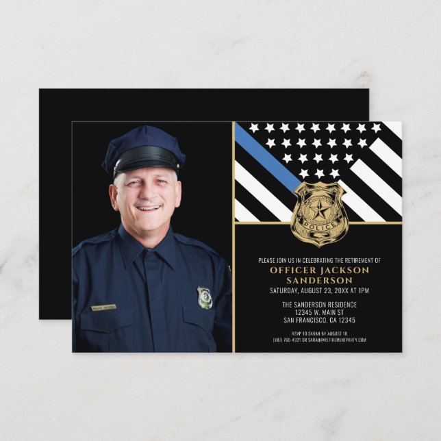 Convites Foto de Sinalizador Thin Blue Line Retirement Poli (Frente/Verso)