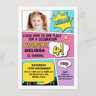 Convites Foto de Super-Herói para Meninas 4.º Aniversári