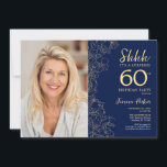 Convites Foto de surpresa Elegante Dourada do marinho 60º a<br><div class="desc">Marinho floral e surpresa dourada 60º convite de aniversário com sua foto na frente da placa. Elegante design moderno com desenhos botânicos desenhados em destaque e letra de script de tipografia. Simples trendy convida cartão perfeito para uma festa de na moda. Pode ser personalizado para qualquer idade. Impressos convites Zazzle...</div>