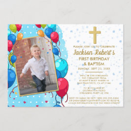 Convites Foto de Texto Dourado Azul Baptism do primeiro ani