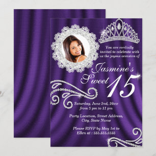 Convites Foto de Tiara de Diamante Prata Roxa Quinceanera