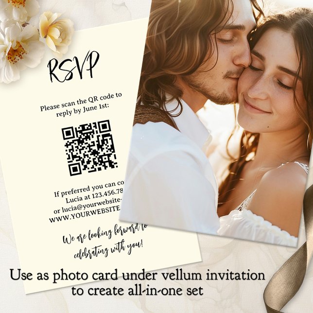 Convites Foto de todos em um casamento de fundo com Vellum (Photo wedding invitation background with RSVP and QR code - all-in-one with vellum invite)