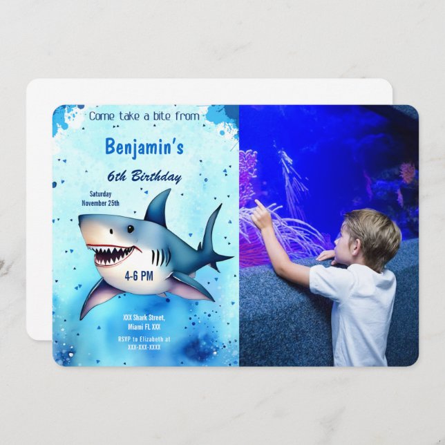Convites Foto de Tubarão de Aniversário do 6 (Frente/Verso)