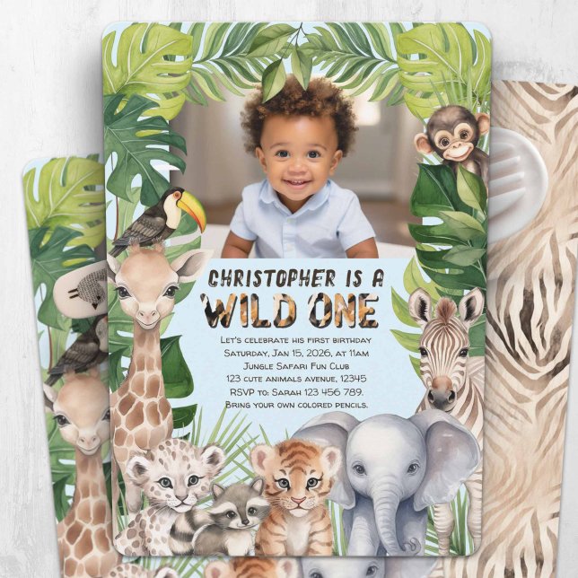 Convites Foto de um primeiro aniversario selvagem de animai (Blue wild one invitation, Baby boy first birthday photo invitation. Jungle animals themed birthday.)