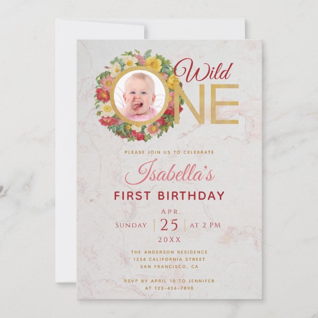 Convites Foto de uma garota selvagem no Rosa Wreath Primeir (Frente)