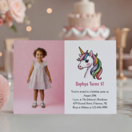Convites Foto de Unicórnio Rosa Fofa Aniversário de Criança