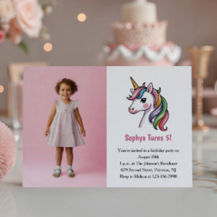 Convites Foto de Unicórnio Rosa Fofa Aniversário de Criança