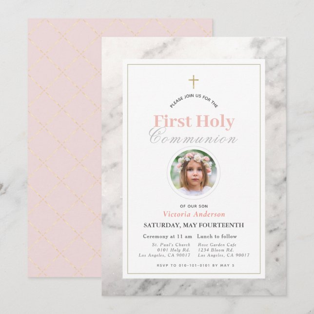 Convites Foto de White Marble Girl Primeira Comunhão (Frente/Verso)