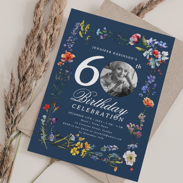Convites Foto de Wildflower Meadow 60th Marinho (Wildflower Meadow Photo 60th Birthday Party Navy Invitation)