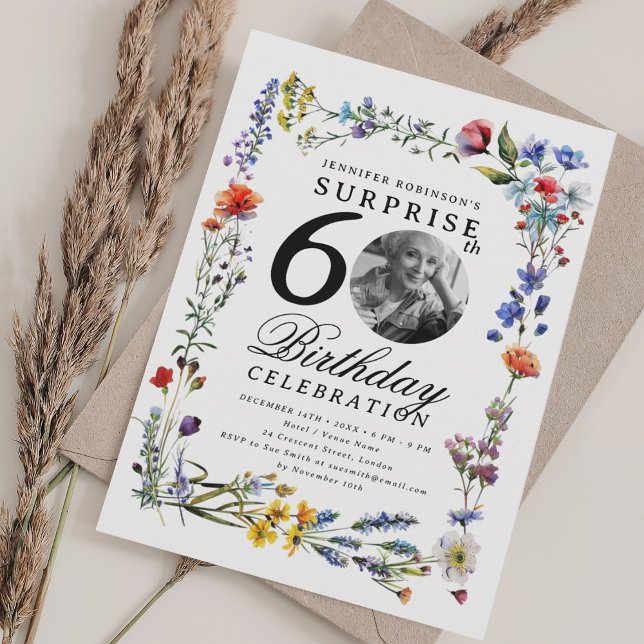 Convites Foto de Wildflower Meadow SURPRISE 60º Aniversário (Wildflower Meadow Photo SURPRISE 60th Birthday Invitation)