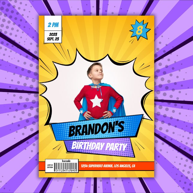 Convites Foto de Yellow Boy do Super-Herói (Superhero Comic Photo Yellow Boy Birthday Invitation Template)