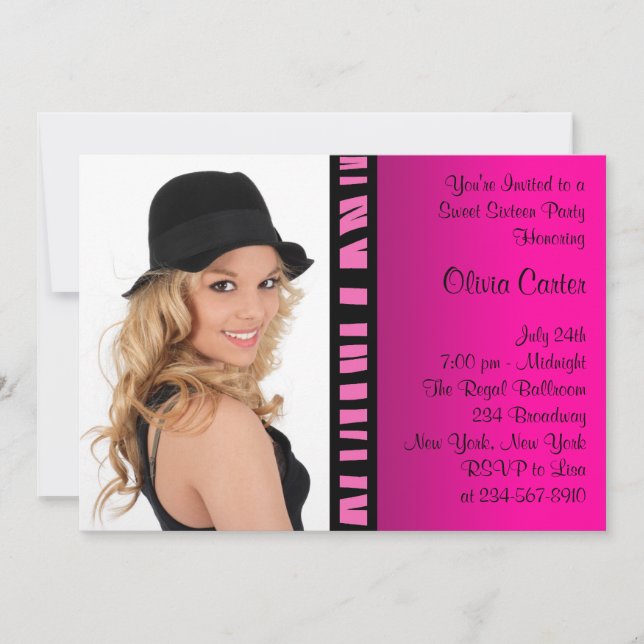 Convites Foto de Zebra Rosa, Doce, 16 Festas de aniversário (Frente)