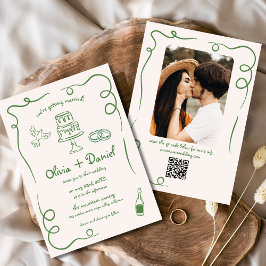 Convites Foto Desenhada À Mão Código QR Casamento Whimsical