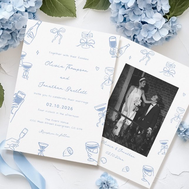 Convites Foto Desenhada Mão Casamento Azul Dusty (Criador carregado)