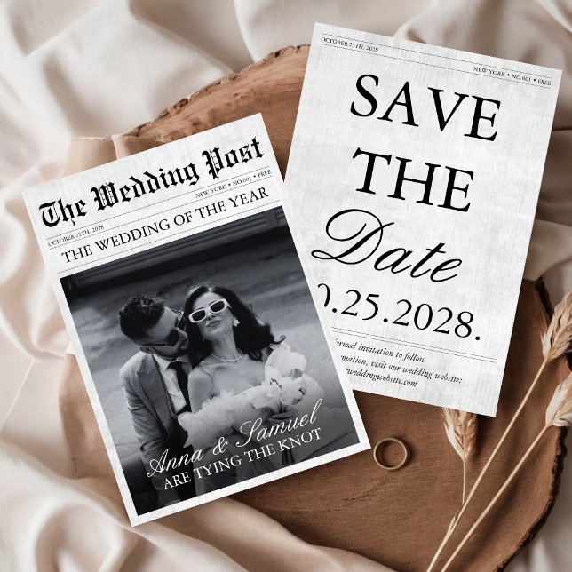 Convites Foto divertida exclusiva do jornal Salvar o Casame (Newspaper Wedding Save the Date Card Unique Photo Black & White Modern Old Money Aesthetic)