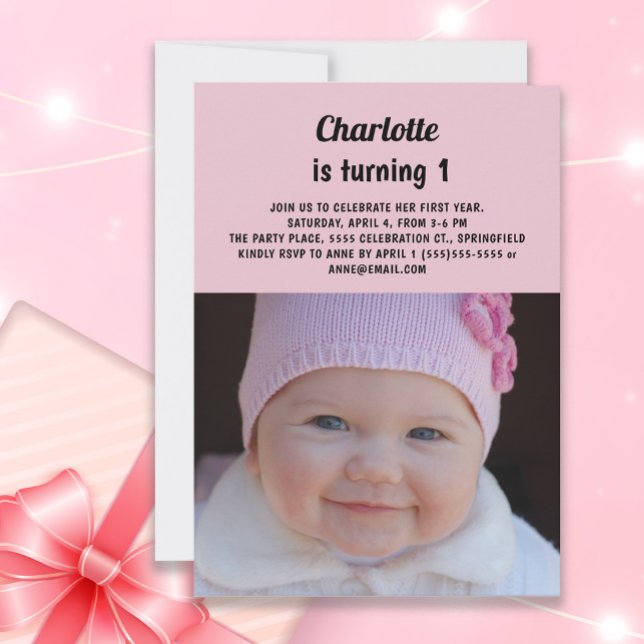 Convites Foto do 1º Aniversário de Menina Rosa Fofa  (Pink photo invitation for baby girl's 1st birthday party)