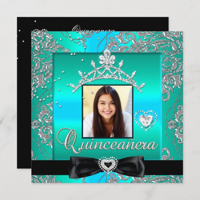 Convites Foto do 15 do Quinceanera Teal Silver Damask (Frente/Verso)