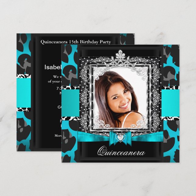 Convites Foto do 15 do Teal Blue Quinceanera (Frente/Verso)