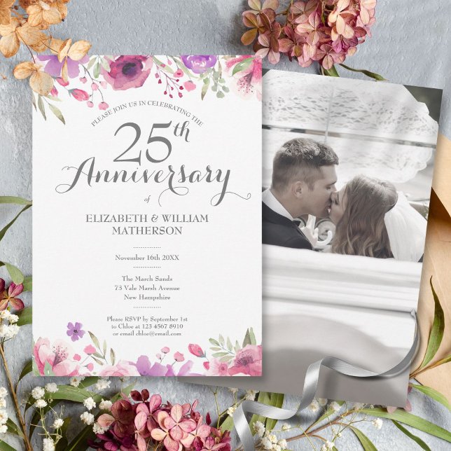 Convites Foto do 25º Aniversário de Casamento com Rosas em  (25th Wedding Anniversary Photo Watercolor Roses Invitation)