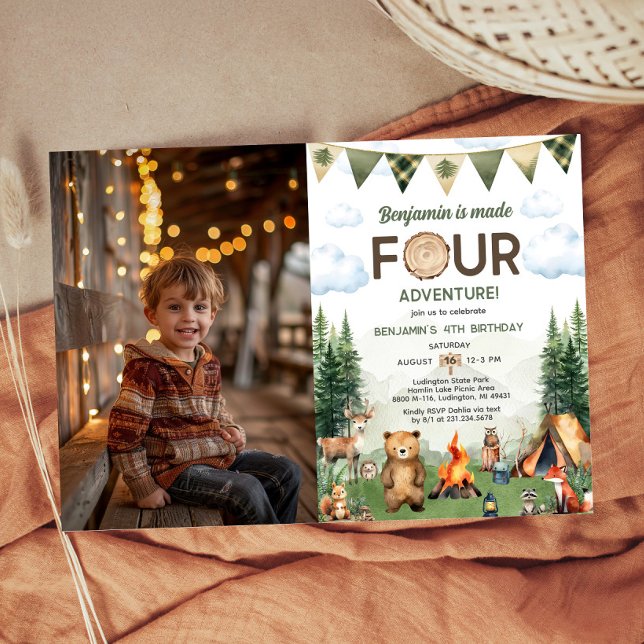 Convites Foto do 4º Ataque de Aventura (Made Four Adventure Camping 4th Birthday Photo Invitation)