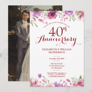 Convites Foto do 40º Aniversário de Casamento com Rosas em 