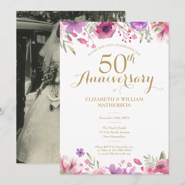 Convites Foto do 50º Aniversário de Casamento com Rosas em  (Frente/Verso)