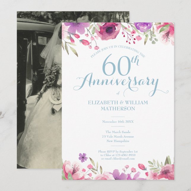 Convites Foto do 60º Aniversário de Casamento com Rosas em  (Frente/Verso)