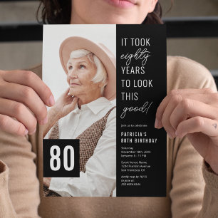 Convites Foto do 80º aniversário preto e branco Eighty