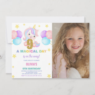 Convites Foto do 9º Aniversário do Unicórn Birthday Invtion