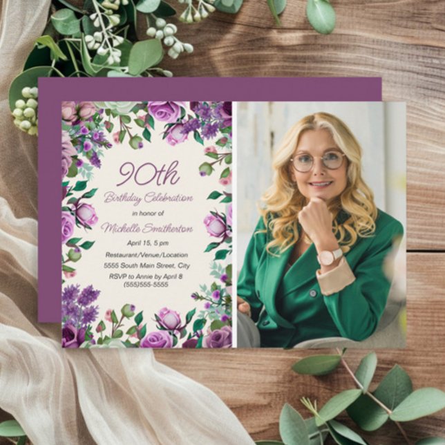 Convites Foto do 90º Aniversário em Verde com Floral Roxa e (Purple floral and mint green foliage 90th birthday party photo invitation)