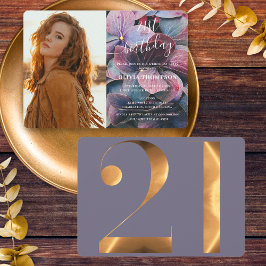Convites Foto do aniversário de 21 anos de Hydrangeas Azul